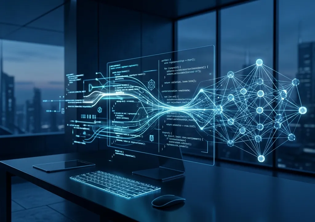 Visual abstrato de IA auxiliando no desenvolvimento de software com linhas de código brilhantes