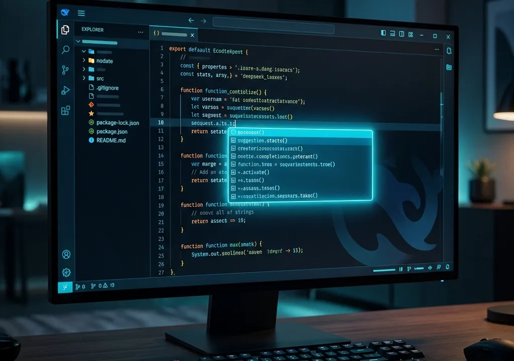Ilustração gerada por IA de um monitor com um editor de código escuro e uma lista de sugestões iluminada em ciano; o texto na tela é ilegível