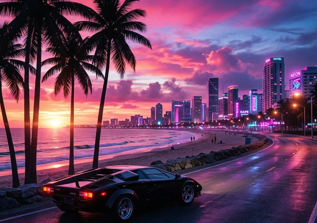 Ilustração conceitual gerada por IA de um cupê esportivo preto em uma avenida à beira-mar com palmeiras e prédios com neon ao pôr do sol