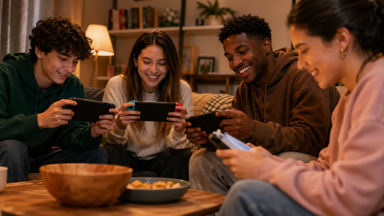 Ilustração gerada por IA de quatro amigos sorrindo, cada um com um console portátil, em uma sala com luz quente
