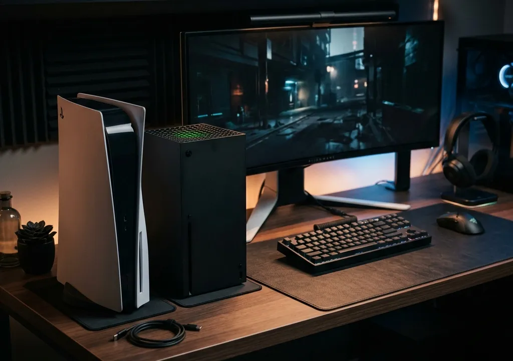 Ilustração de um PS5 e um Xbox Series X em pé ao lado de um monitor ultrawide, teclado e mouse sobre uma mesa escura