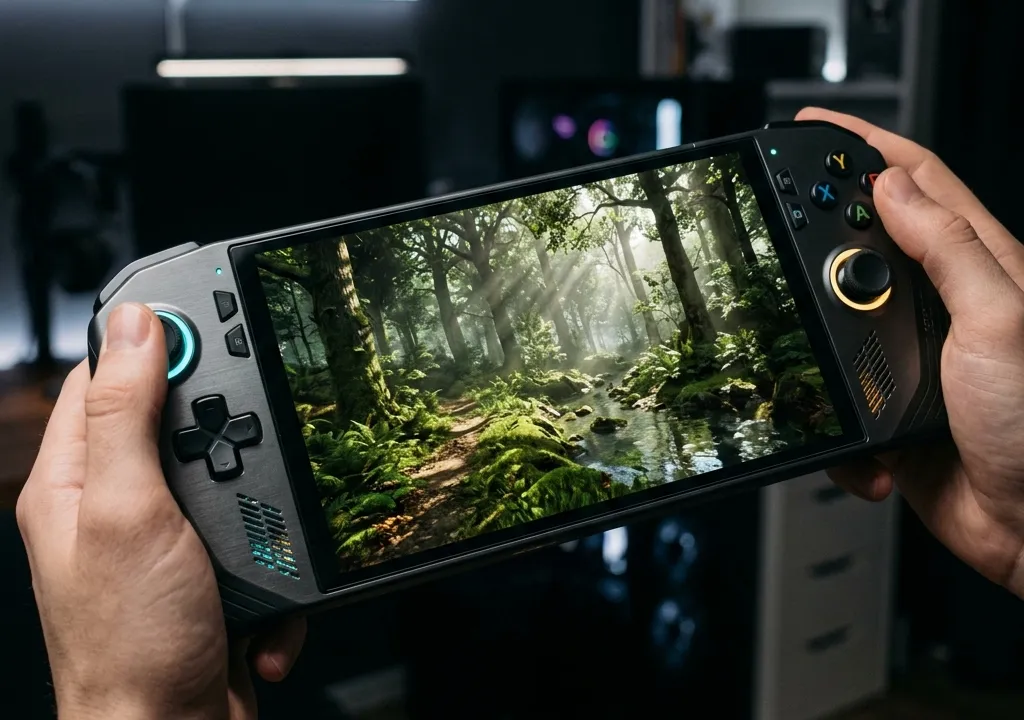 Handheld console rendering Unreal Engine 5 forest scene
