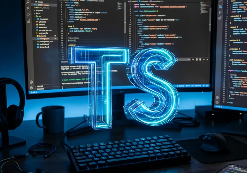 TypeScript blue logo badge glowing in a dark modern developer environment