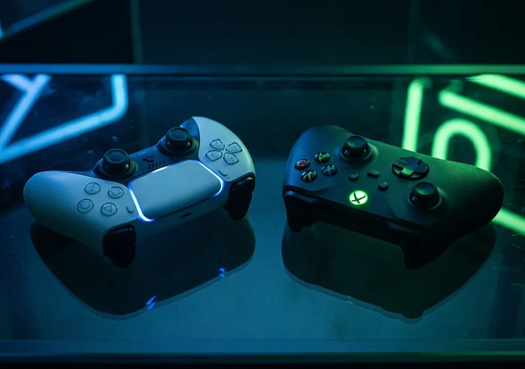 Controle DualSense branco ao lado de um controle Xbox preto sobre uma superfície de vidro iluminada por neon azul e verde