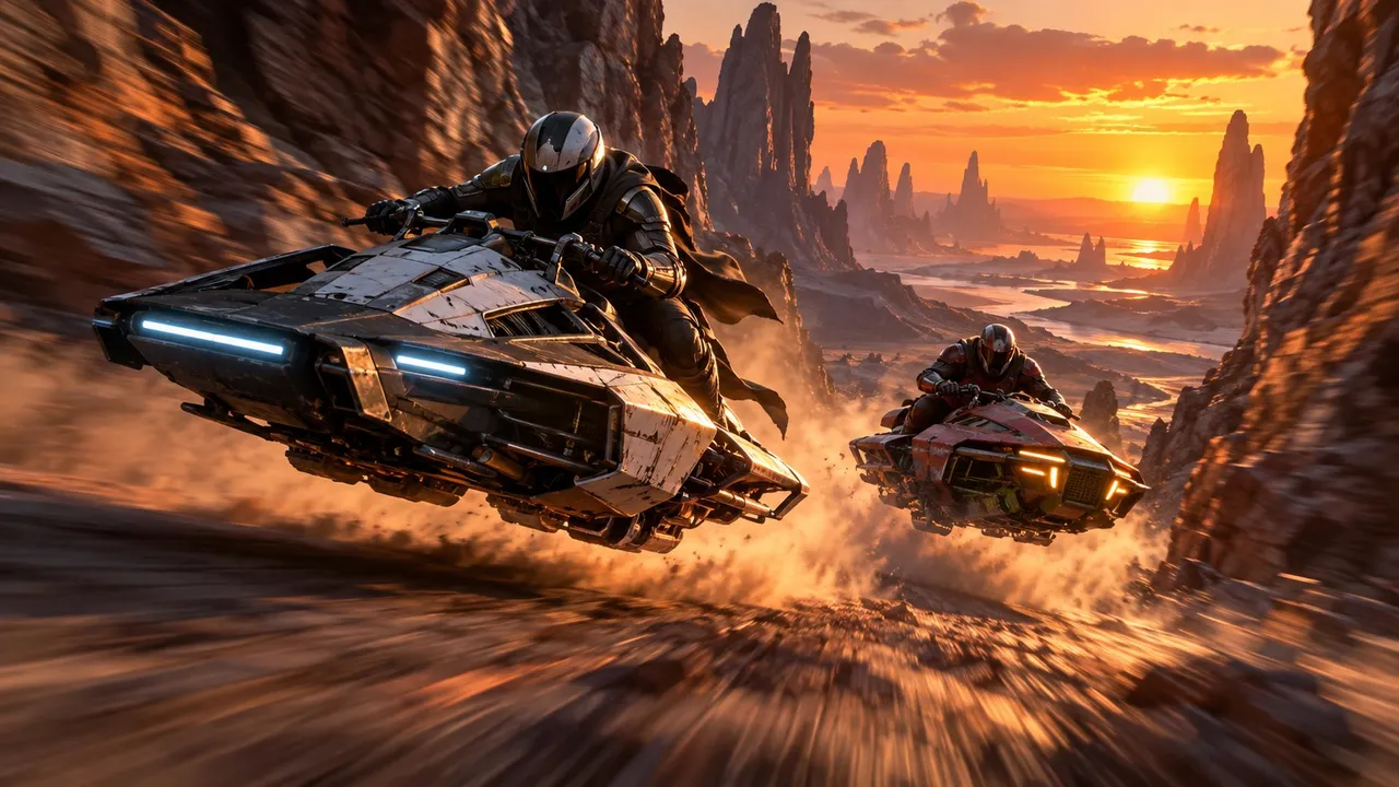 Ilustração gerada por IA de dois pilotos em veículos flutuantes correndo por um desfiladeiro de deserto alienígena ao pôr do sol