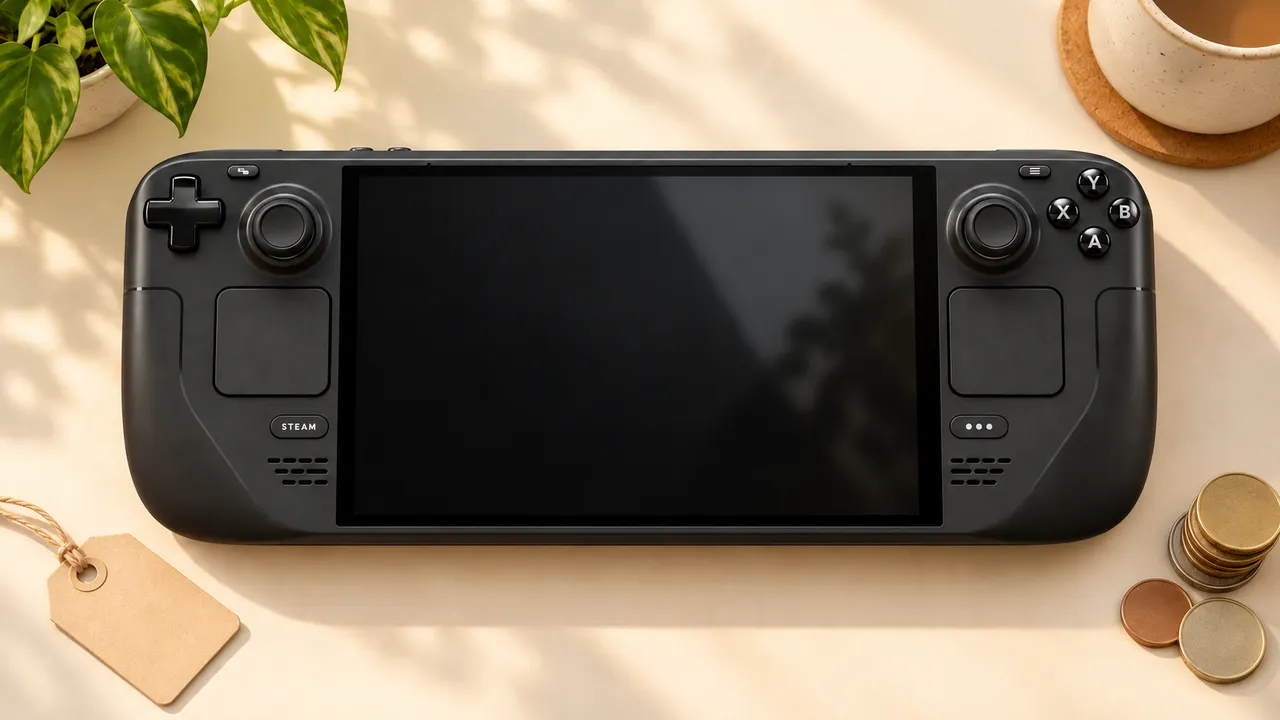 Ilustração do Steam Deck OLED preto com dois trackpads e tela desligada, ao lado de uma etiqueta e moedas