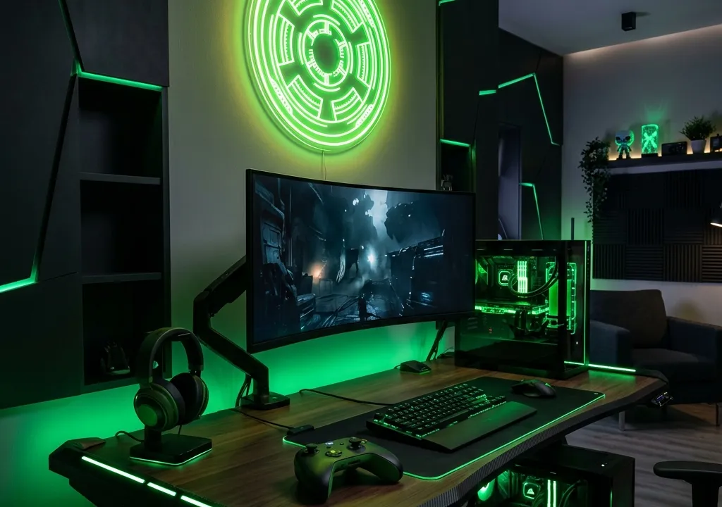 Cozy modern gaming room with a green illuminated emblem and gamepad on desk